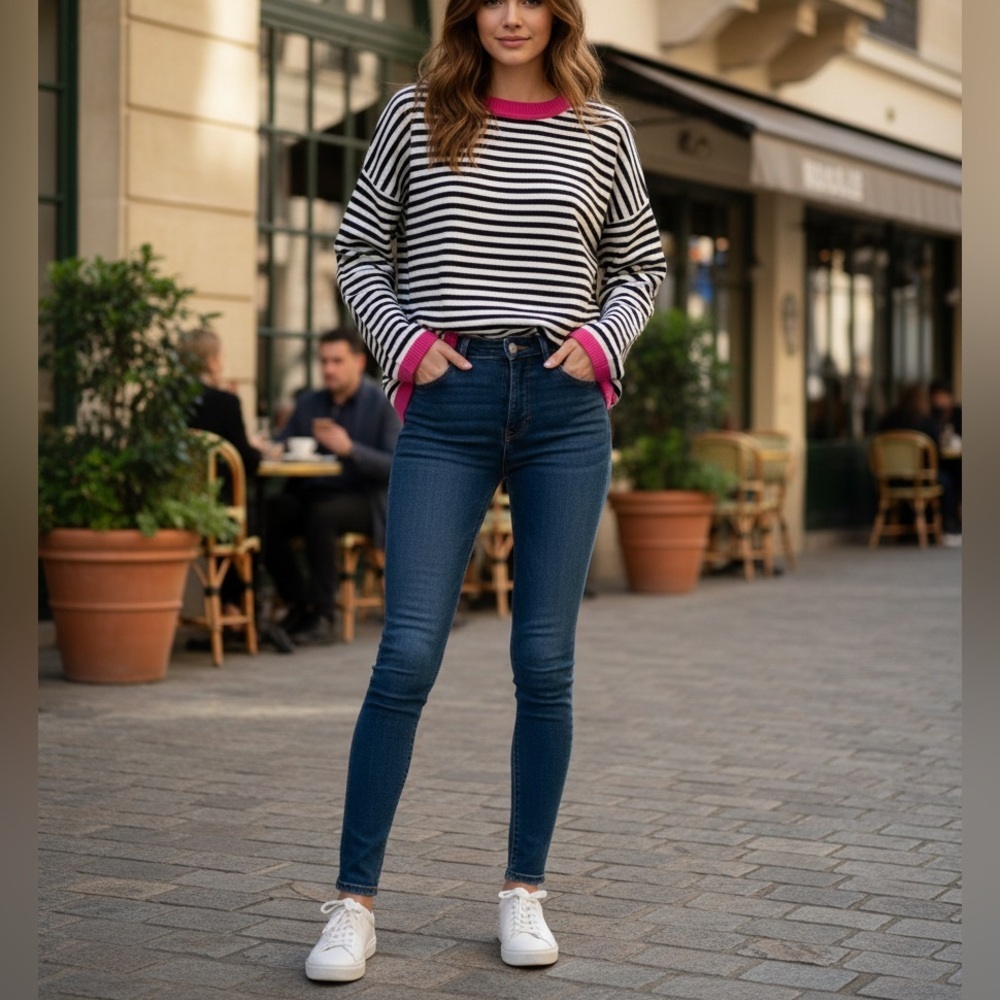 NWT Wiholl Women's Striped Crewneck Pullover Cardigan Black/White/Pink Size S